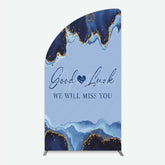 Aperturee - Aperturee Good Luck We Will Miss You Retirement Half Moon Arch Backdrop Blue and Gold Agate Elegant Farewell Party Decorations